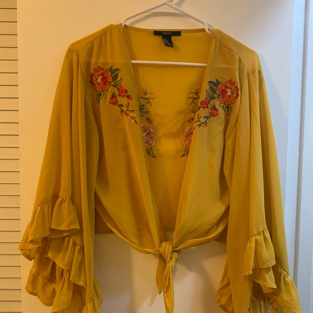 Forever 21 Mustard Floral Embroidered Blouse